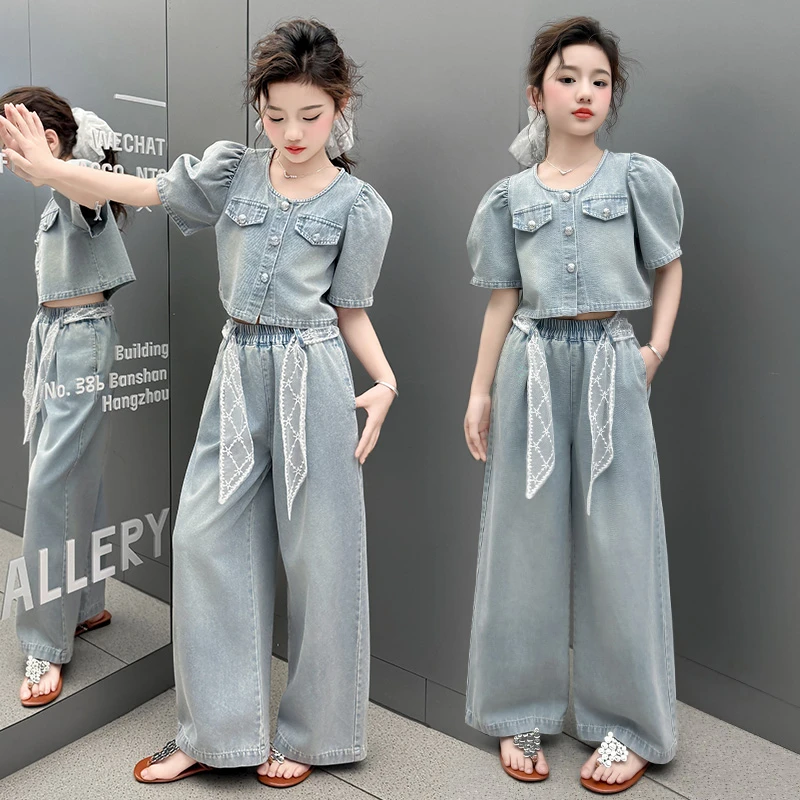女童夏装薄款牛仔套装2025新款中大儿童泡泡短袖上衣牛仔阔腿裤子