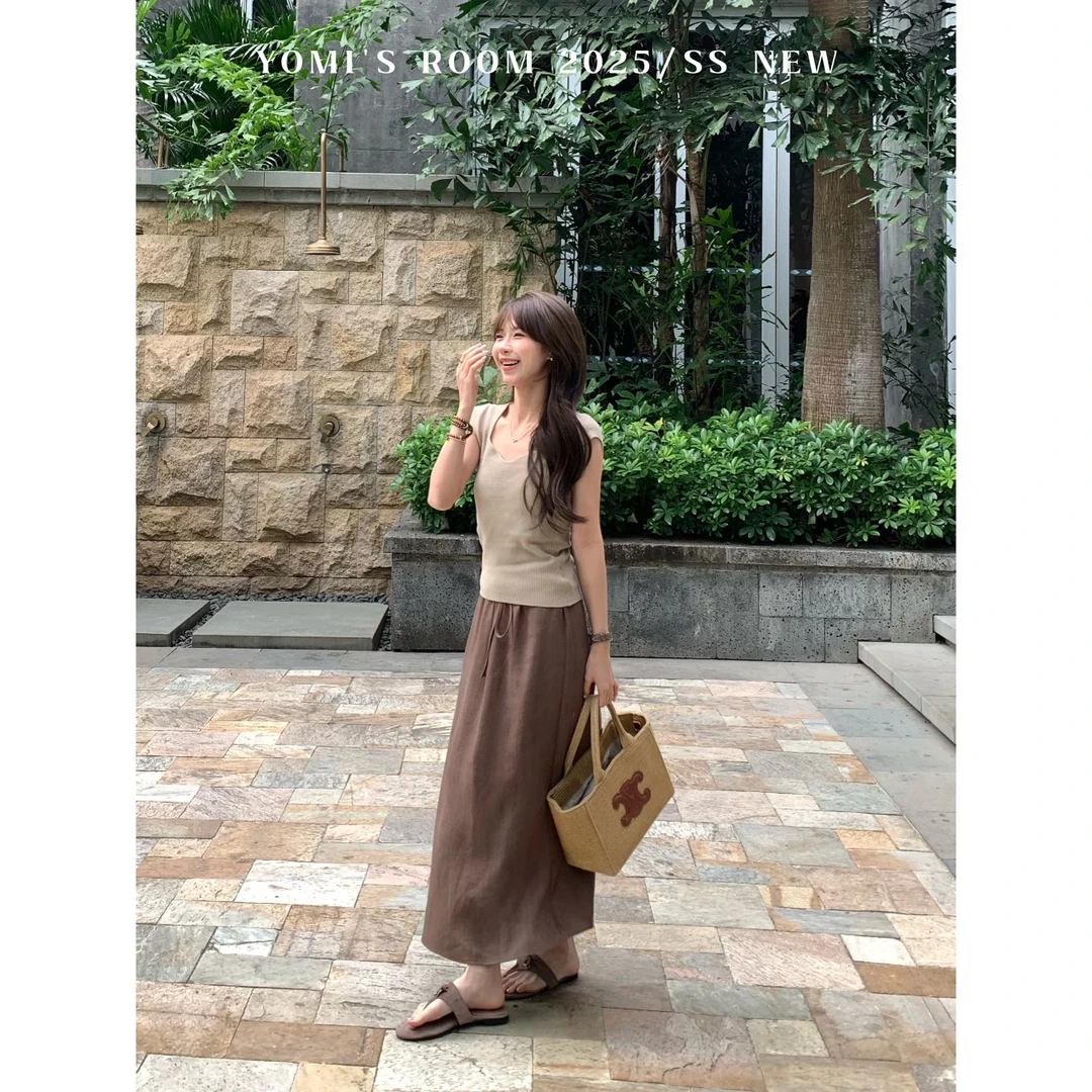 YOMI小个子定制【自在生活】咖色显瘦百搭时尚半身裙女春季新款