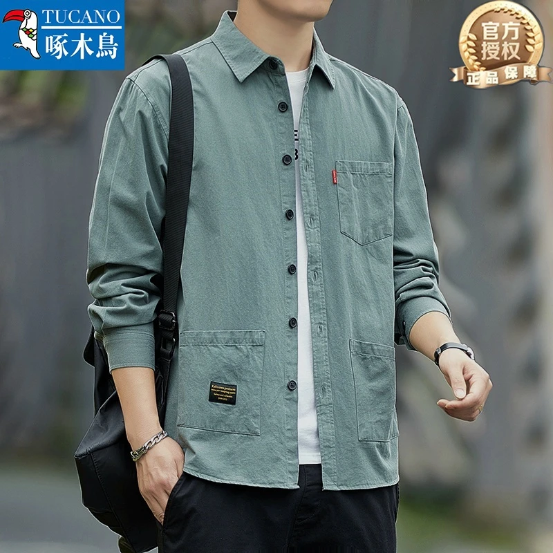 啄木鸟【长袖100%纯棉】春秋季全棉衬衫男士中年秋季春季衬衣透气