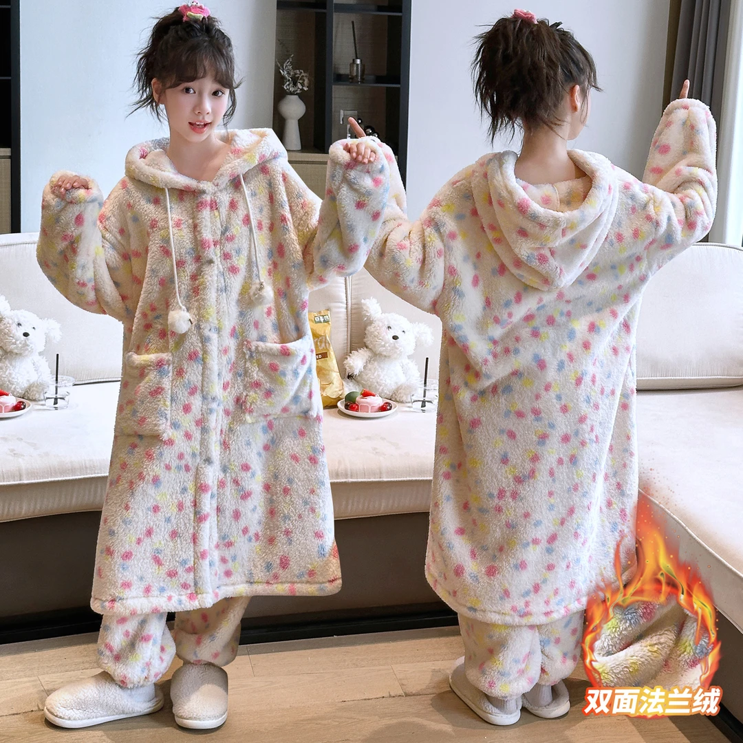 6-12岁女童睡袍套装2025新款秋冬款中大儿童睡衣双面绒冬季家居服