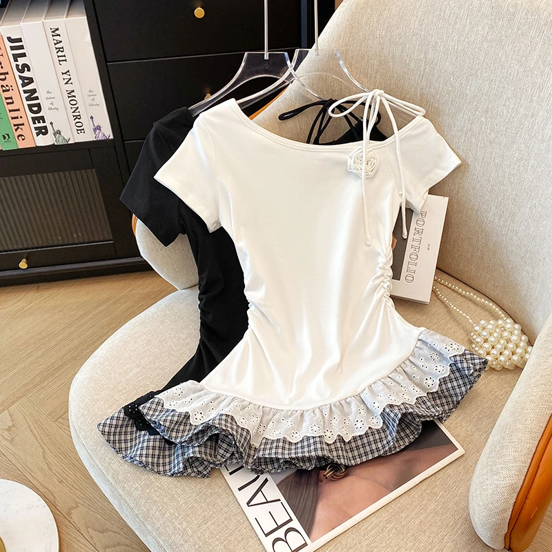 【6646】胖mm夏季设计感下摆荷叶拼接格子短袖T恤女独特别致上衣