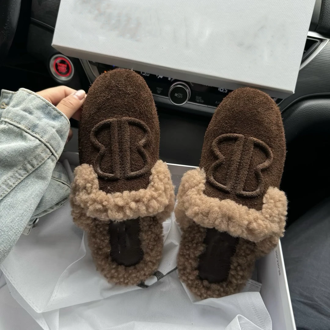 时尚羔羔毛毛鞋女2025秋冬新款平底外穿懒人鞋一脚蹬包头半拖鞋潮