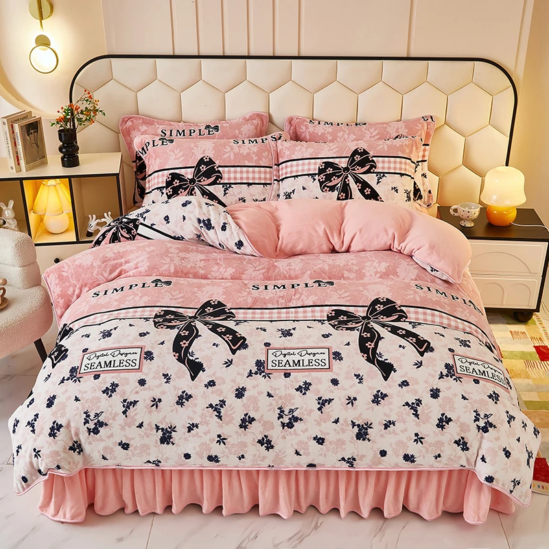 升级款秋冬床裙加绒加厚绒印花牛奶绒四件套可机洗