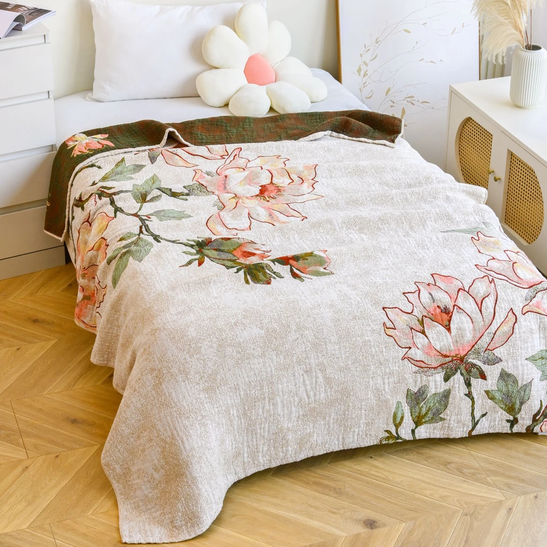 【如是家居】床盖-单人昙花-米-150*200cm多层纱布工艺雨露麻细纱