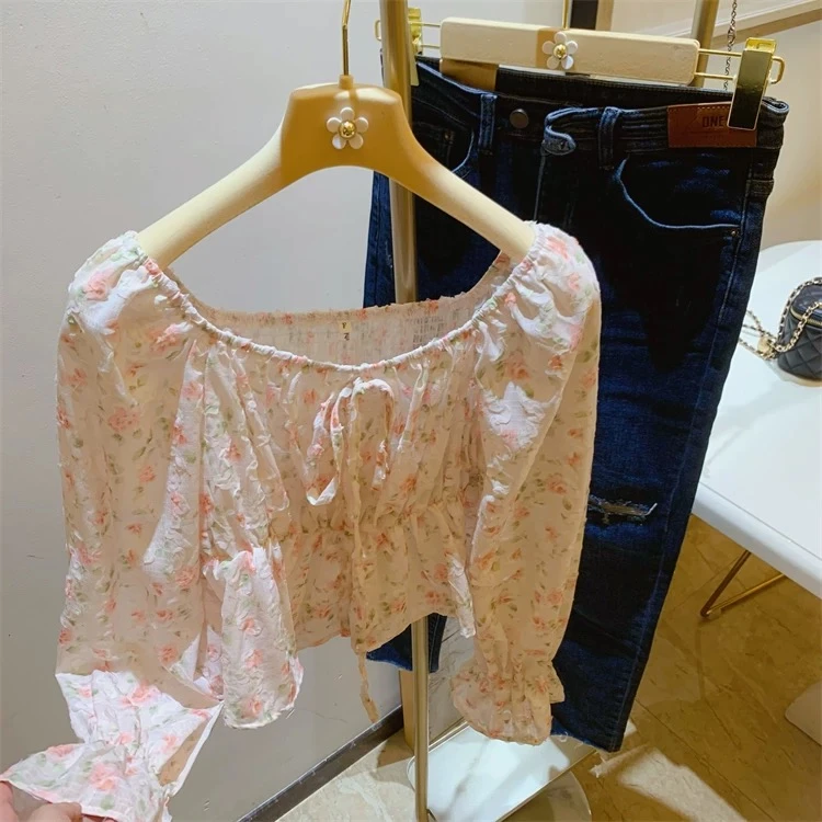 春夏新款棉布提花一字肩碎花小衫韩版泡泡袖衬衫纯白a字裙套装