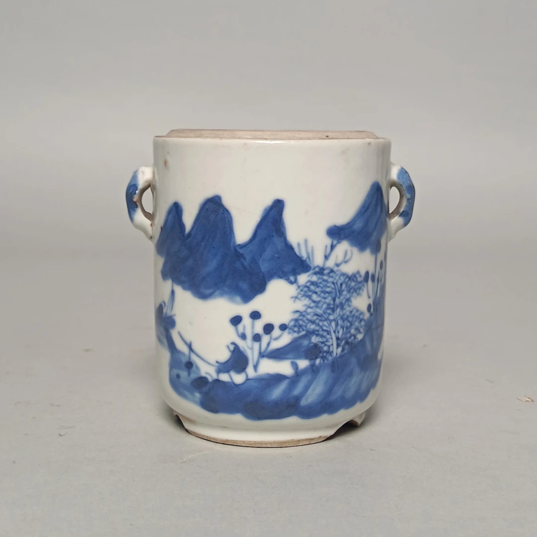【010011193】清代 青花山水人物双耳罐