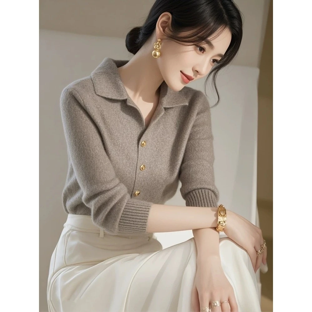 轻熟风Polo领针织衫上衣女2024秋冬新款气质高端绝美通勤灰色毛衣