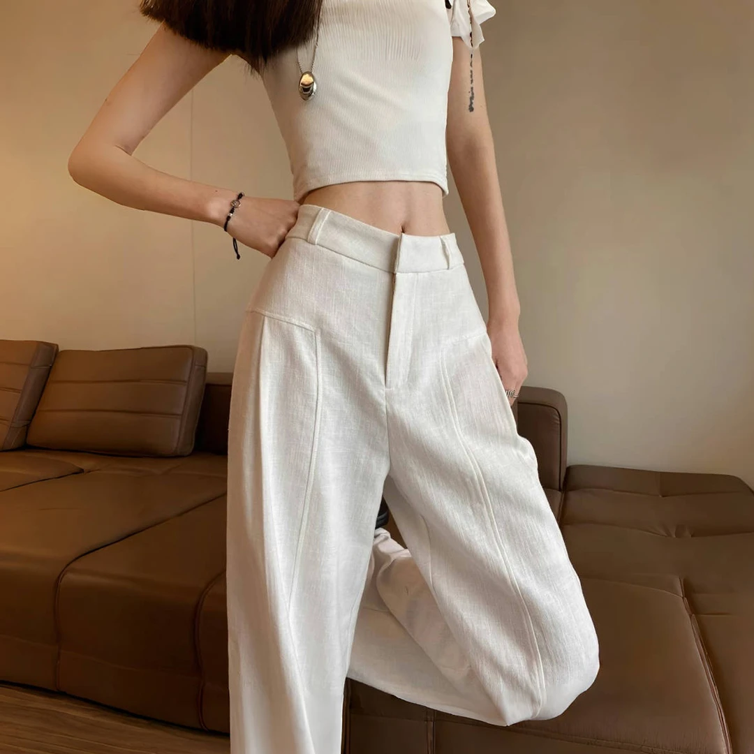 白色苎麻阔腿裤夏季高腰休闲裤热天上班裤子外穿显瘦职场休闲风