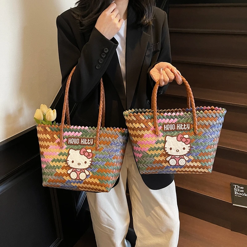 手拎卡通凯蒂猫编织包2025春夏新款时尚大容量菜篮子包高级感女包