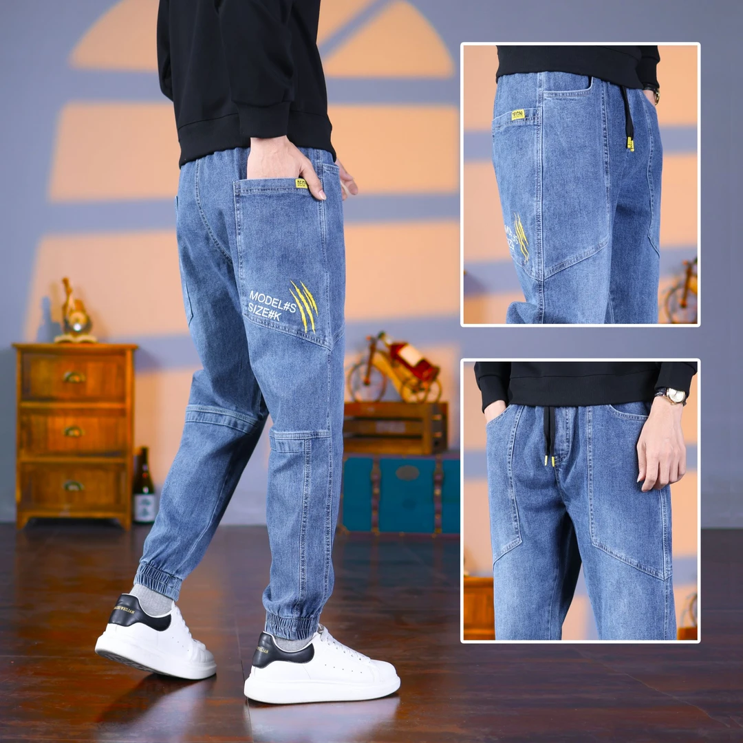 男士秋冬厚款束脚裤宽松大码牛仔裤潮流百搭舒适大口袋弹力裤子男