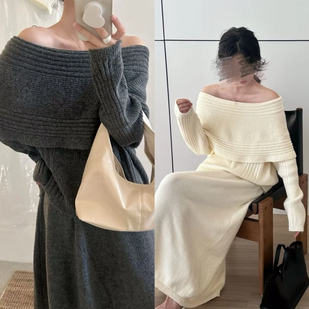 大码慵懒高级感入秋毛衣套装胖mm气质一字领+半身裙两件套1133