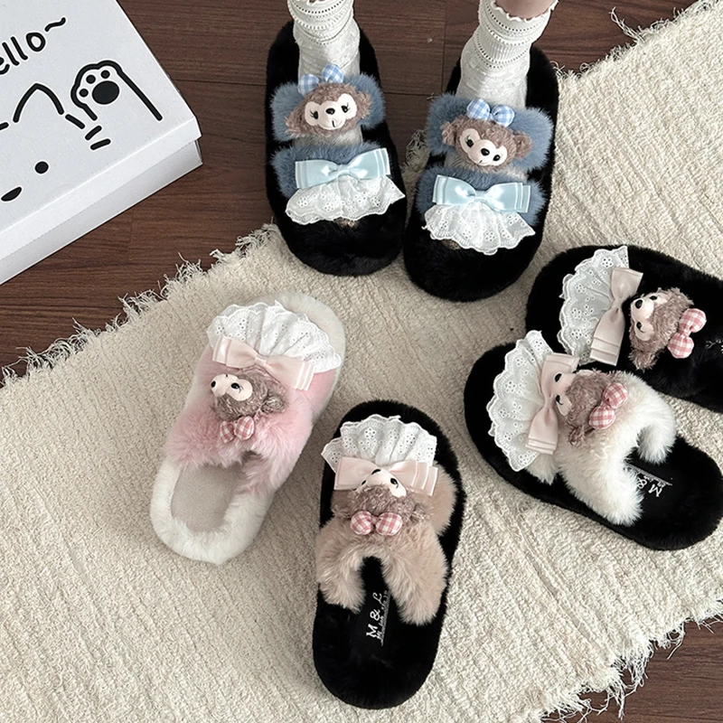 可爱卡通毛绒2025年秋季小熊毛毛拖鞋女外穿休闲厚底增高一字拖潮
