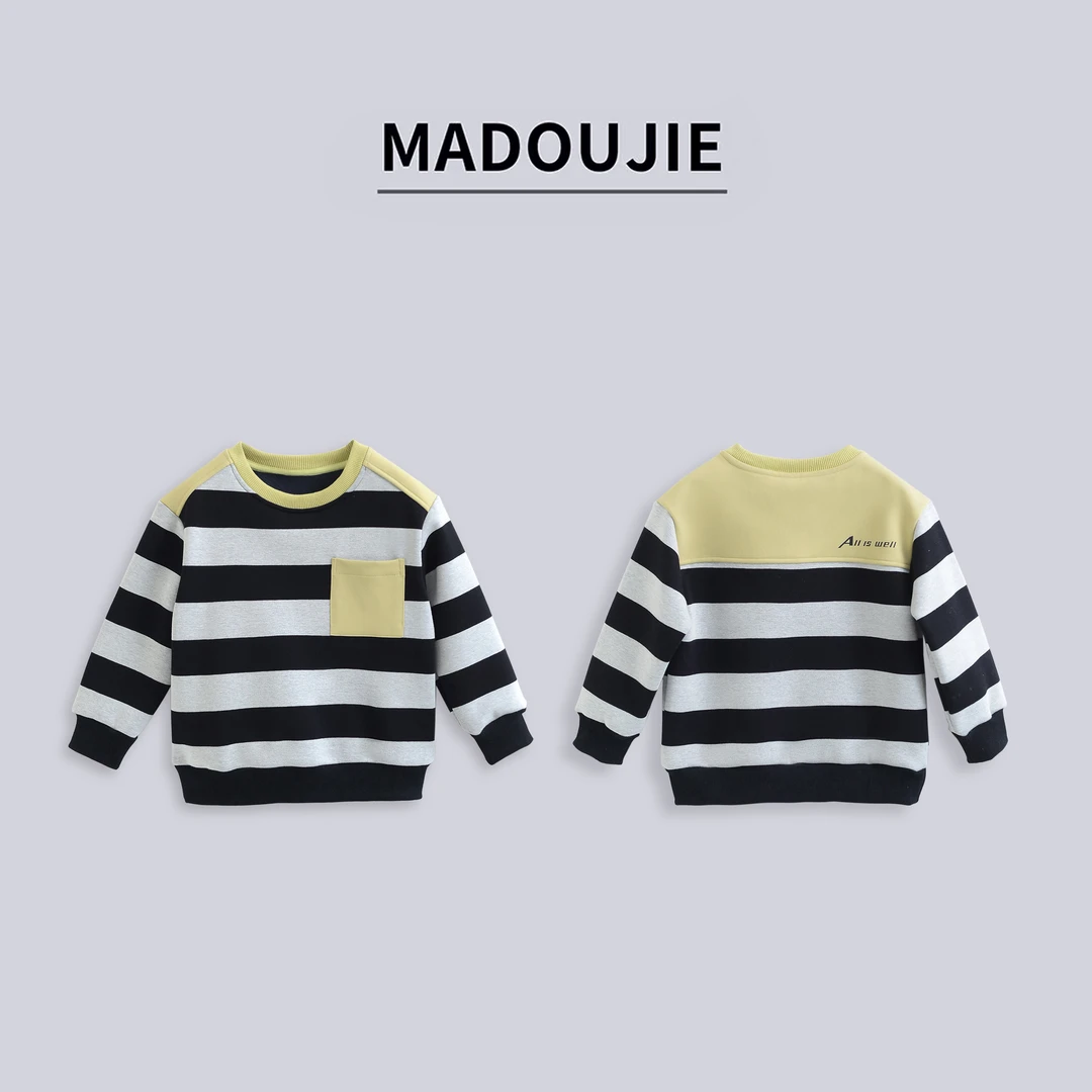 麻豆街【撞色条纹】25新款童装新款中大童加绒口袋拼接卫衣MD426