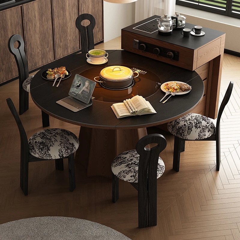 易可【中古风】岛台餐桌一体家用可分离多功能圆桌移动倒台岩板茶桌