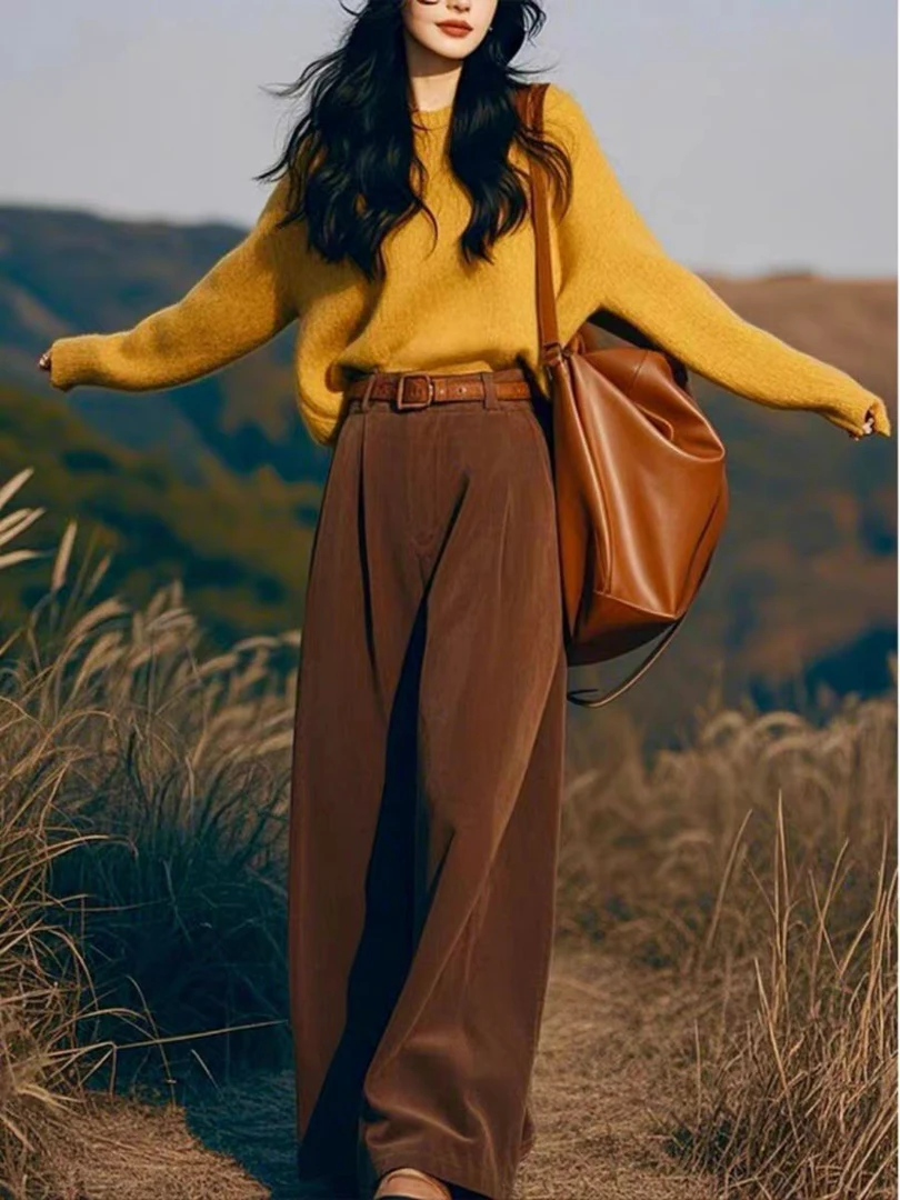 秋冬韩系气质时尚百搭宽松显瘦针织上衣休闲小众别致阔腿裤套装女