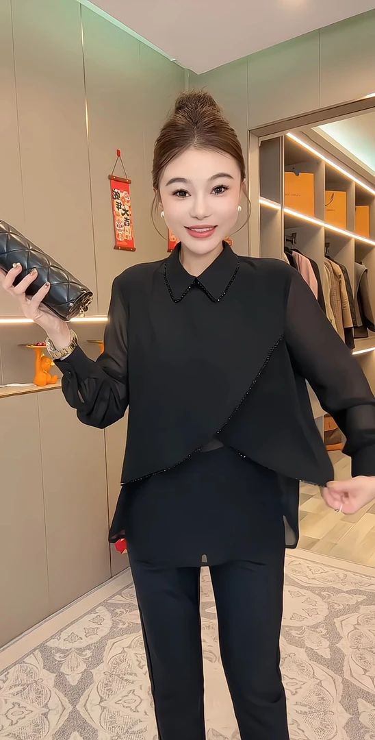 春季新款时尚百搭气质宽松显瘦假两件重工串珠长袖T恤打底衫上衣