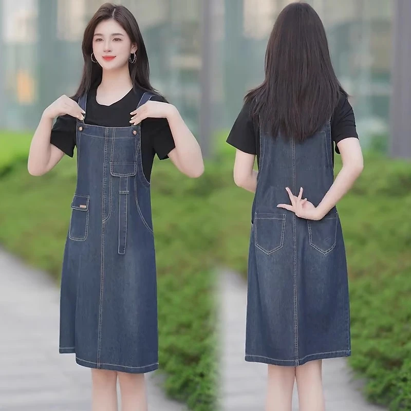 夏季牛仔裙新款牛仔拼接背带裙假两件裙显瘦时尚减龄短袖牛仔连衣