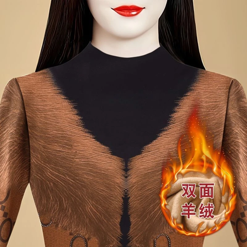 高档保暖衣女加绒加厚烫钻上衣秋冬季时尚洋气高领蕾丝打底衫外穿