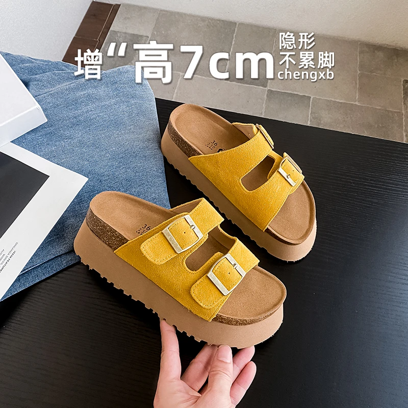 【葡萄茵】内增高松糕厚底7cm真皮勃肯凉拖鞋女方扣平底沙滩凉鞋