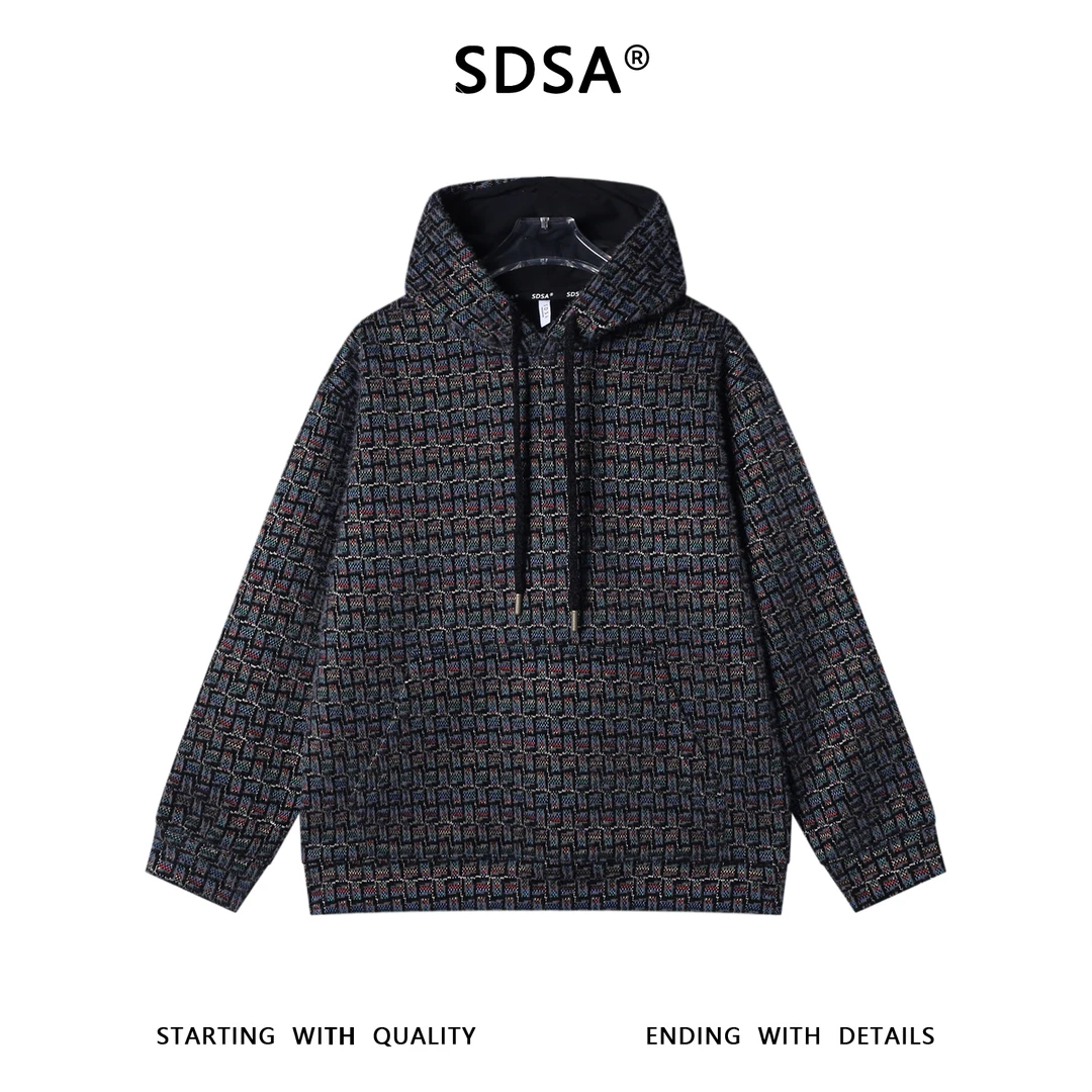 SDSA男士秋冬新款痞帅男装时尚撞色格子绒毛抽绳连帽卫衣百搭宽松