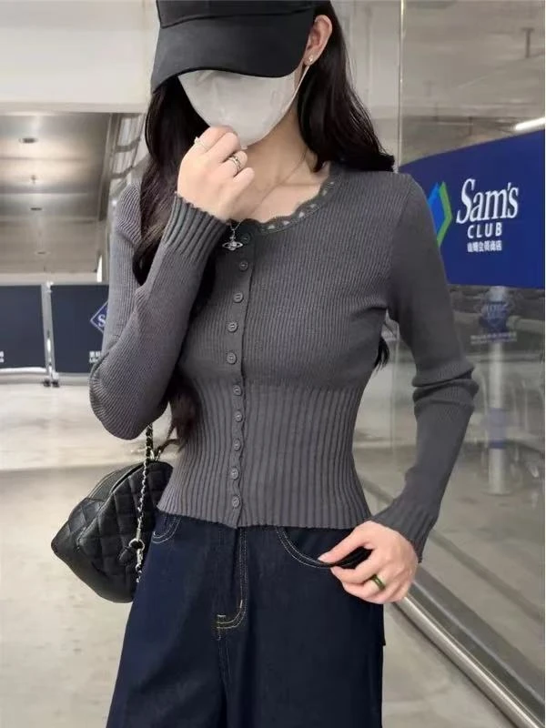 辣妹花边长袖针织衫女秋季2025新款毛衣洋气显瘦短款纯欲修身打底