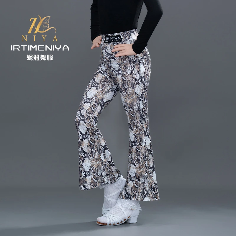 少儿拉丁舞新款练功裤蟒纹潮款黑色高级简约款阔腿裤女童四季款