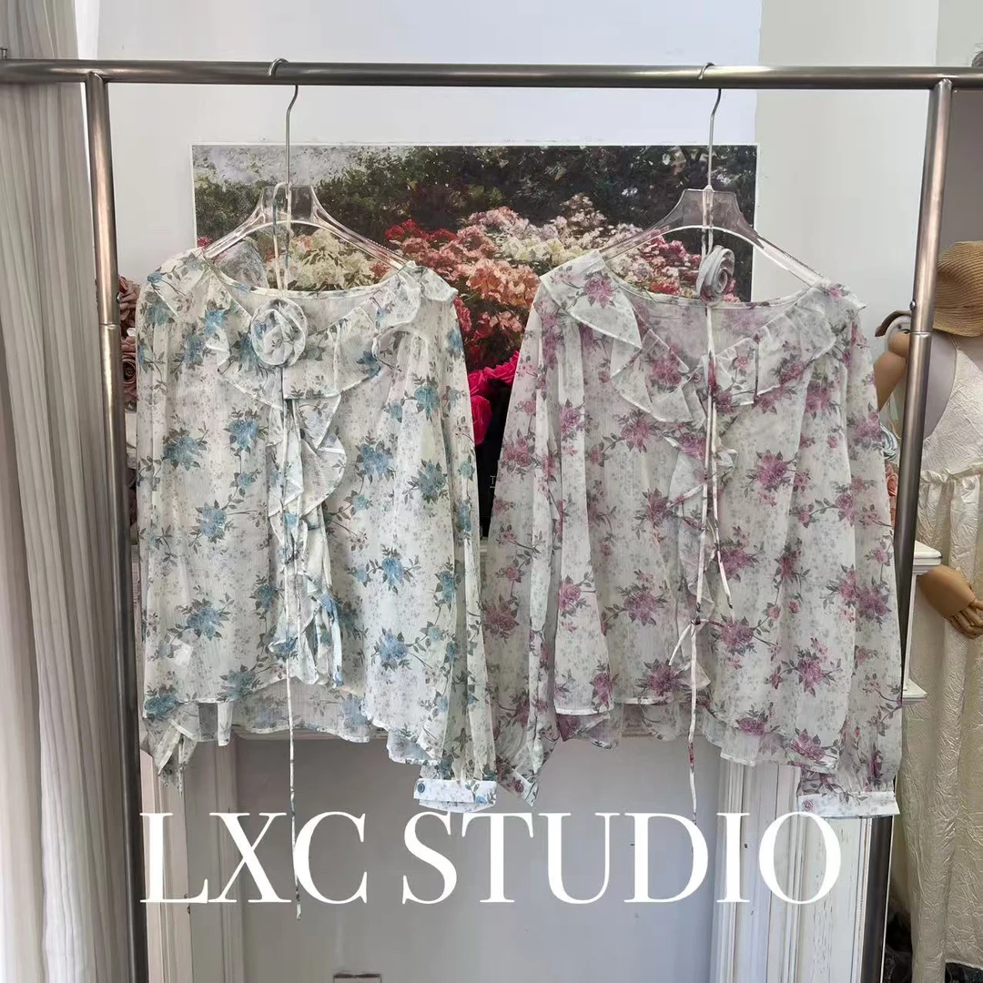 YA-甜美花期·森系拼色重工碎花荷叶边上衣【812】运输有褶皱