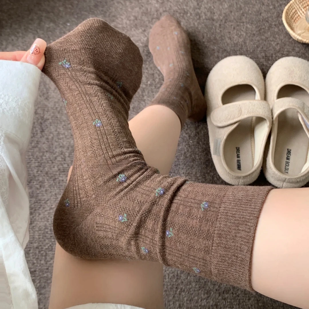 冬新款温柔小碎花袜子女士中筒袜ins风百搭堆堆袜长筒袜日系透气