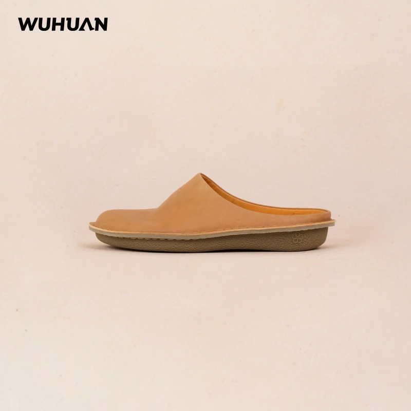 WUHUAN五环周末拖足弓支撑牛皮外穿慵懒包头拖鞋舒适