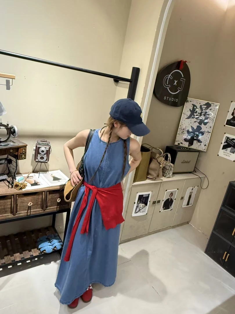 今喜喜JinXi【热烈牛仔】复古法式小众设计背心牛仔连衣裙长款无袖