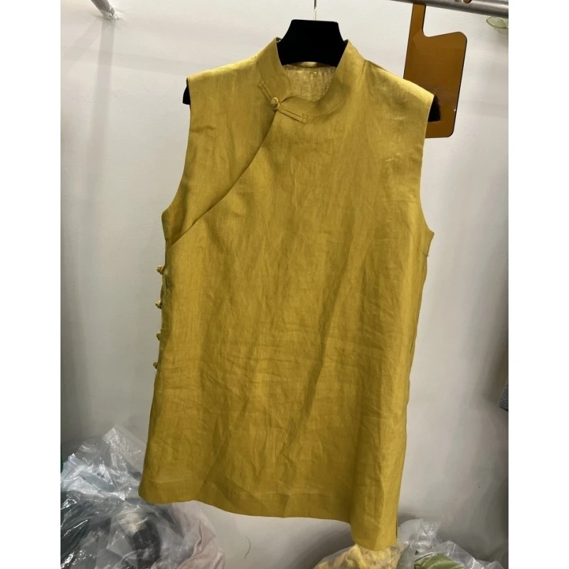 高端欧货2025年夏季新款立领复古盘扣亚麻国风开叉无袖背心马甲女