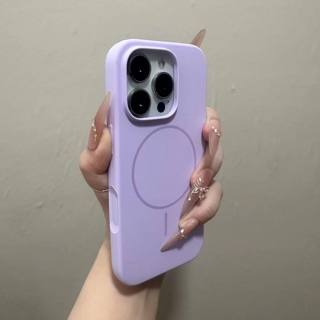 适用苹果16promax的纯色电容按键液态硅胶磁吸手机壳全包紫色防摔
