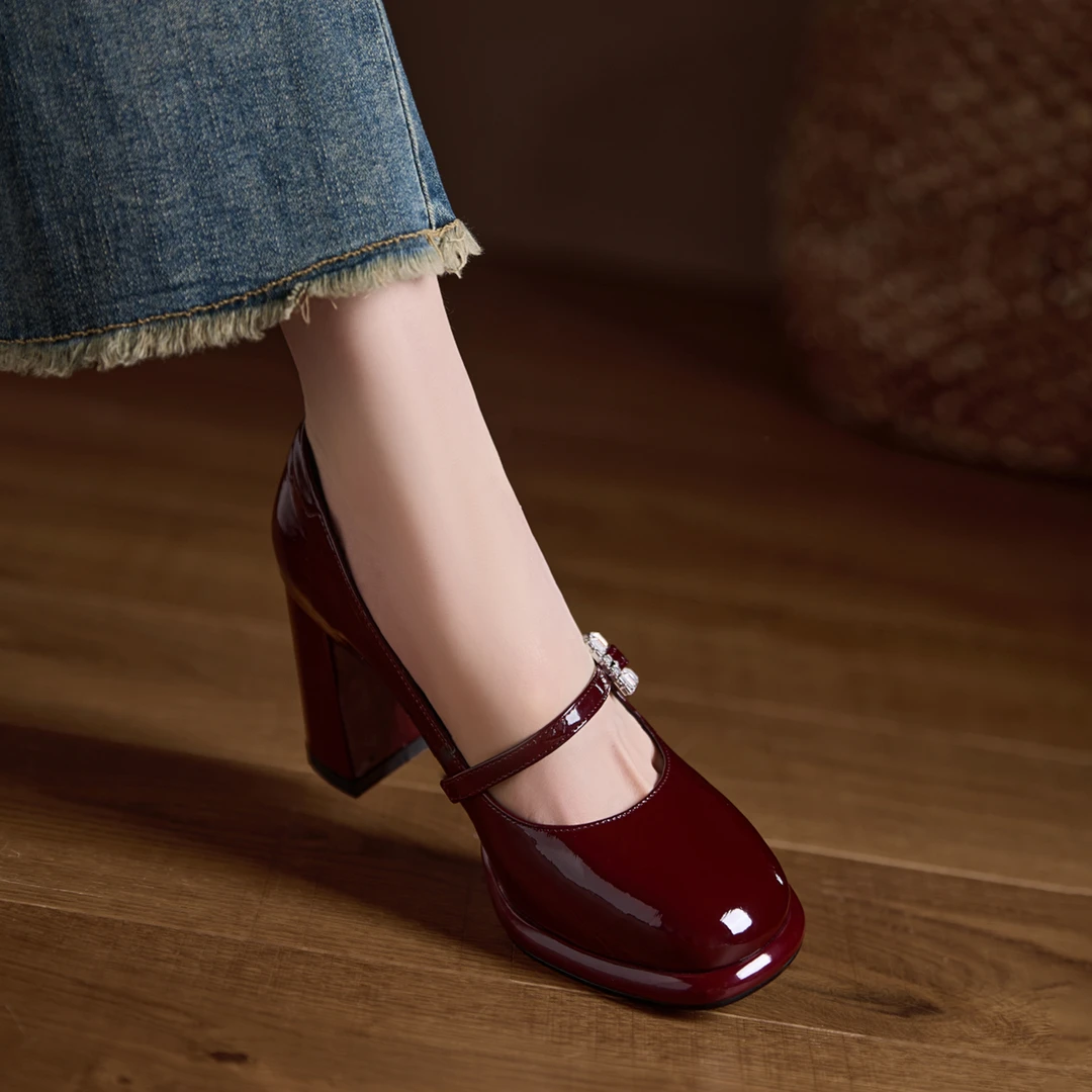 AACCK手工女鞋8cm~水钻玛丽珍鞋黑色漆皮单鞋女小众粗跟高跟鞋