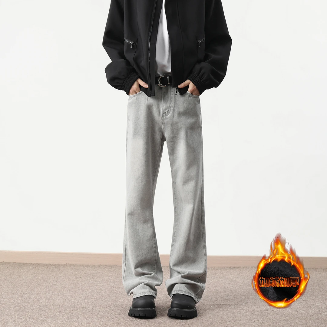 美式cleanfit高街秋冬加绒加厚水洗男款裤子百搭微喇牛仔裤直筒