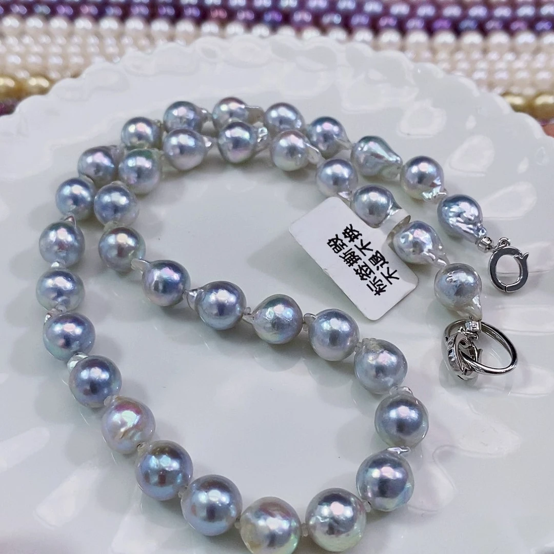 银S925镶嵌海水珍珠真多麻9-10mm项链