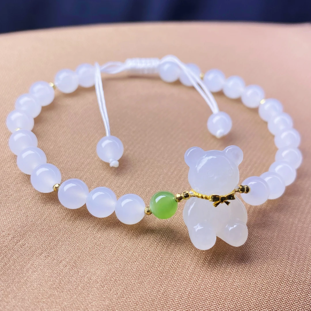 天然和田玉精品白玉羊脂白级圆珠6mm手链18.K金小熊手串@5040808