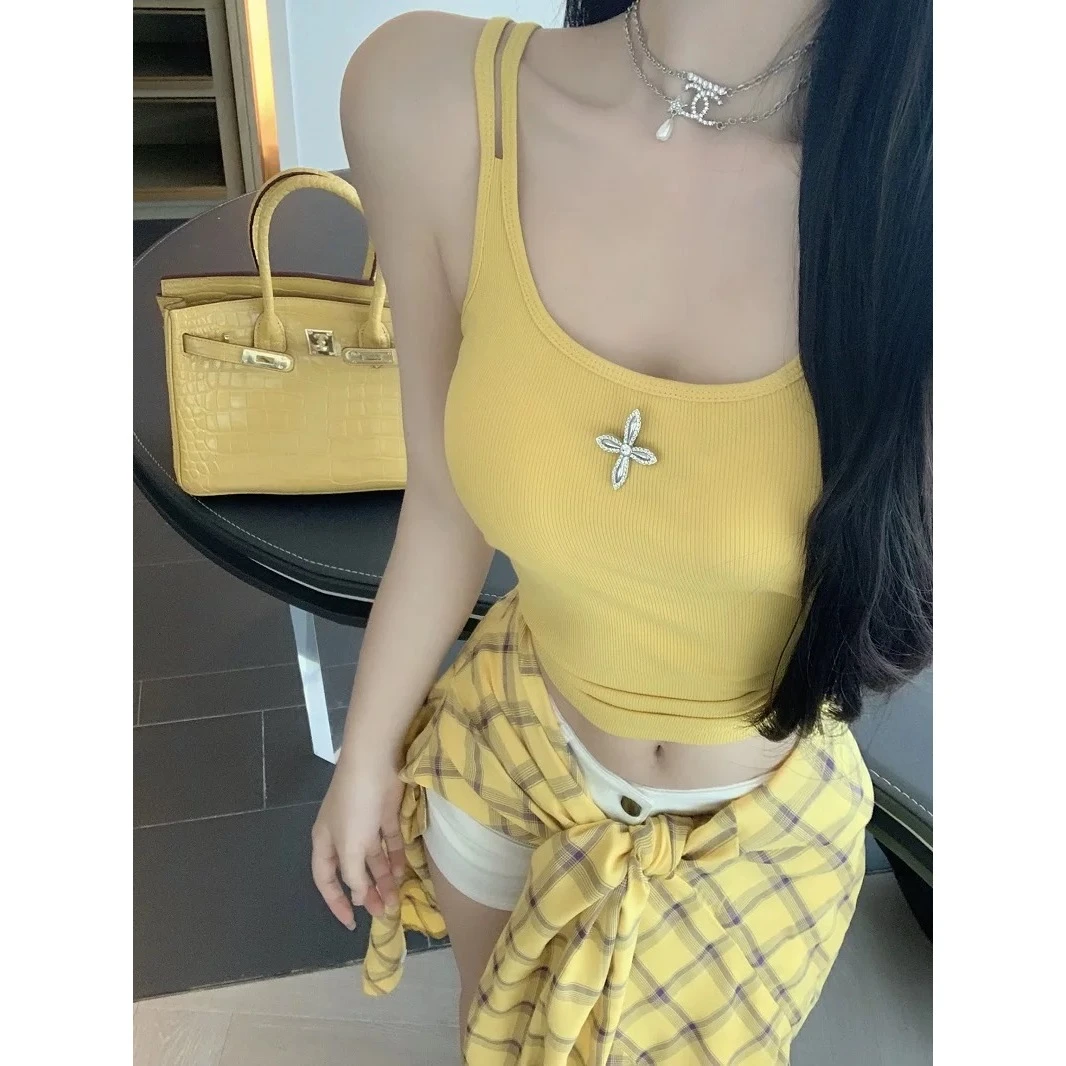 美式设辣妹吊带背心女夏带胸垫圆领修身显瘦打底内搭外穿JY3418