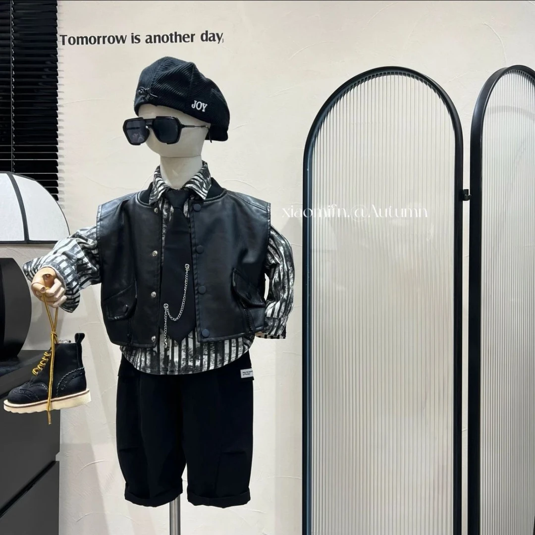 [星点]男童套装马甲儿童春秋衬衫韩版2025新款洋气宝宝时髦三件套