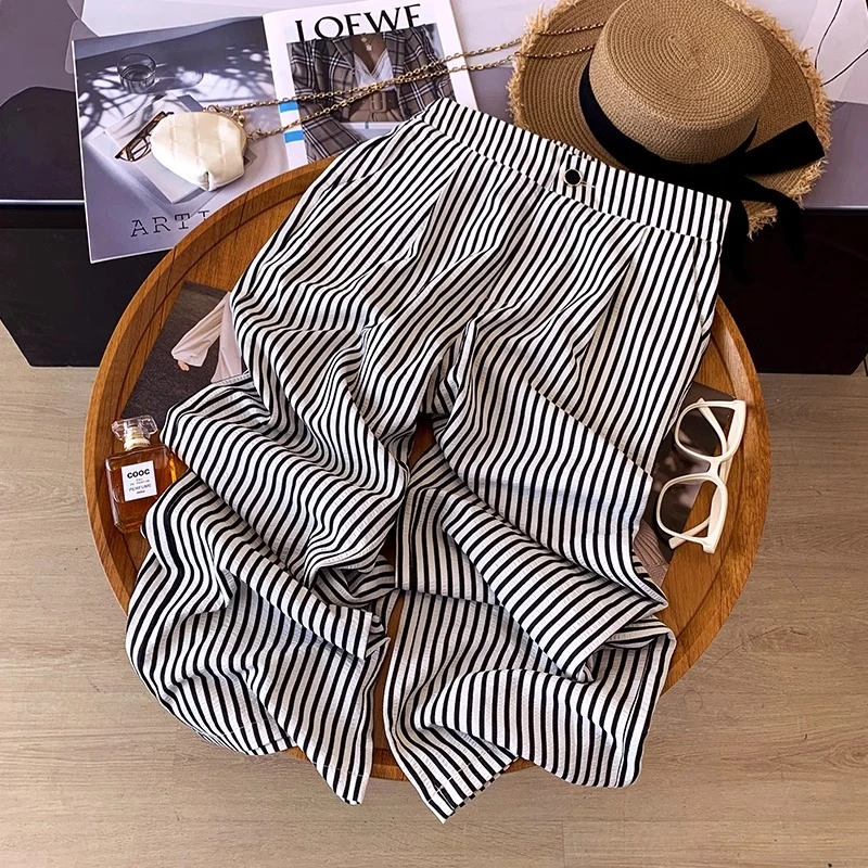 冰丝条纹阔腿裤2025新款女夏季薄款高腰显瘦凉凉裤防晒拖地直筒裤