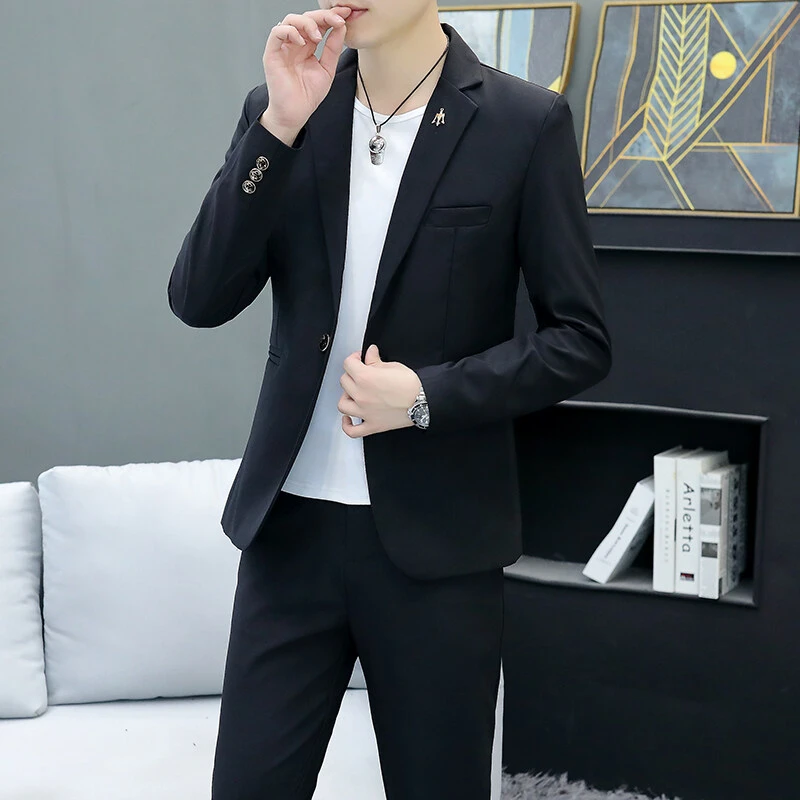 高档西服套装男士春秋新款时尚西装西裤两件套百搭潮流男休闲套装