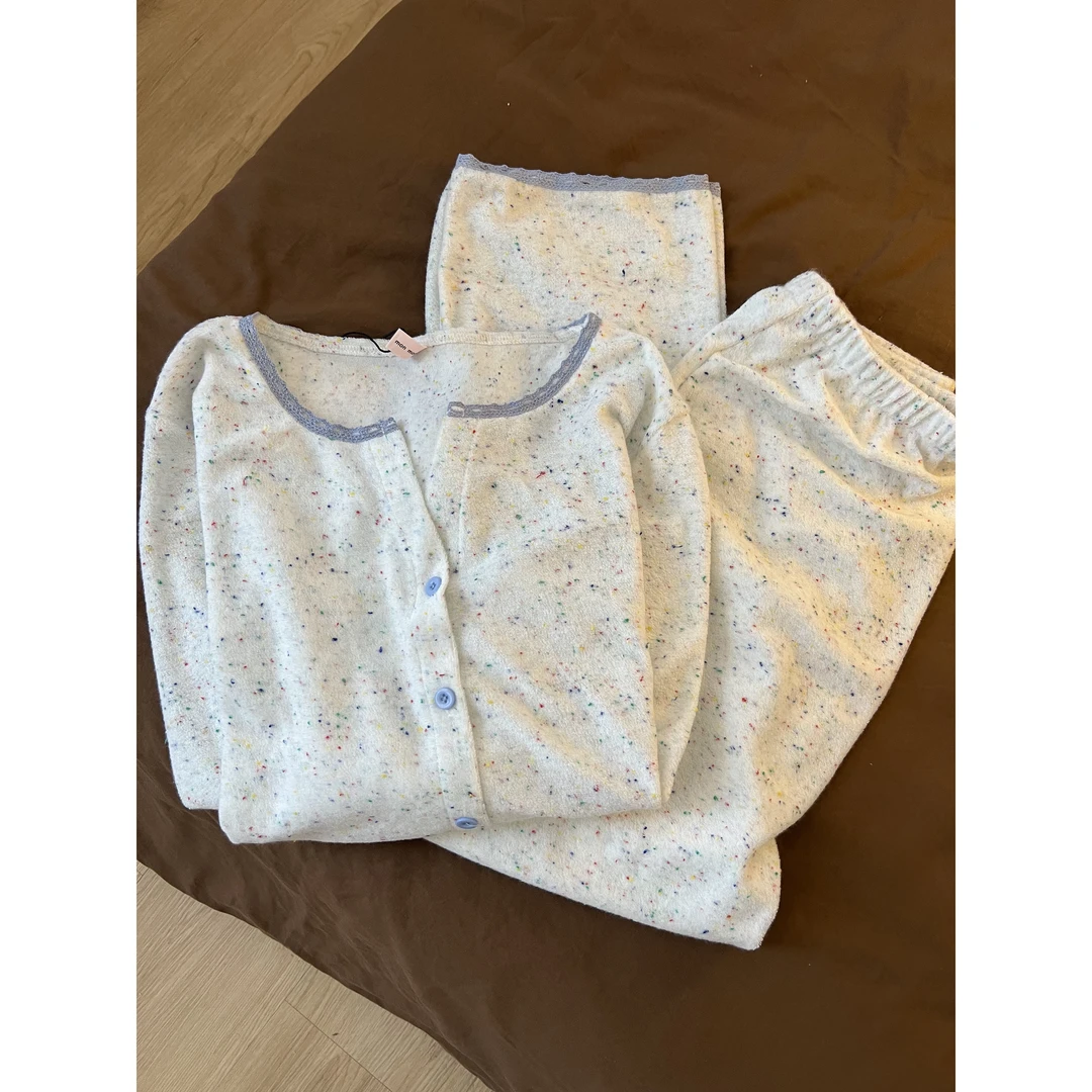 甜美多巴胺彩色波点睡衣女秋冬季新款加厚家居服两件套可外穿