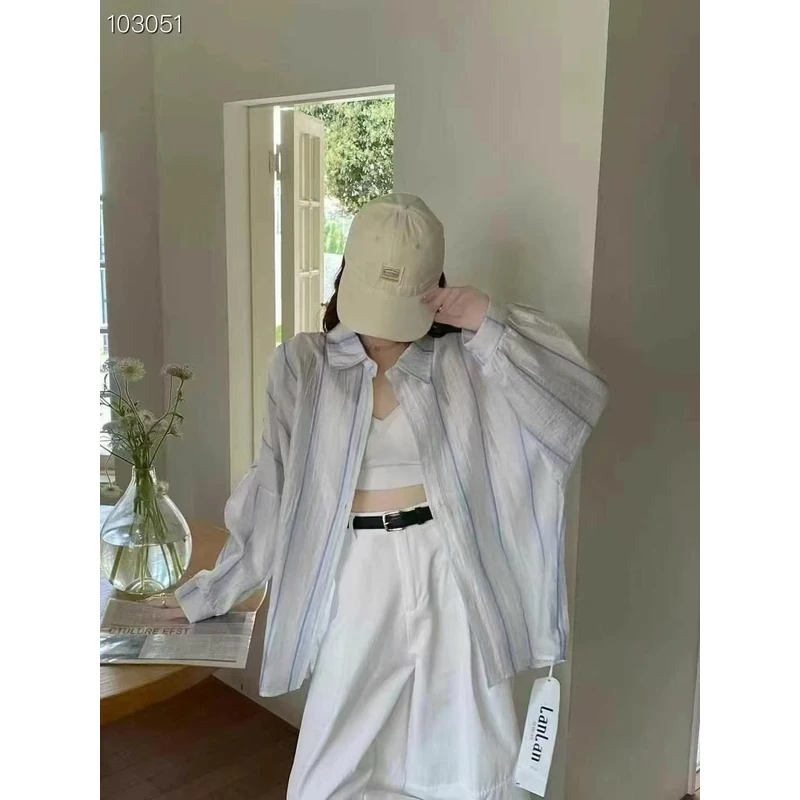 韩版夏季oversize宽松条纹衬衫原宿风休闲外套上衣防晒衣女衬衣
