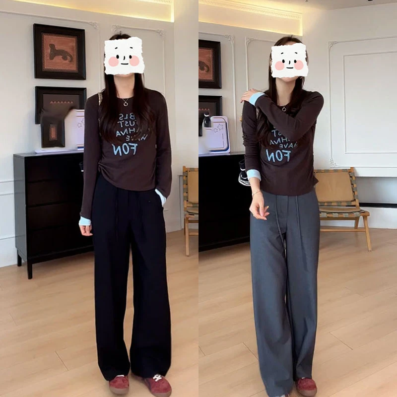 秋季时尚百搭修身显瘦印花拼接长袖直通西装裤百搭高级感两件套