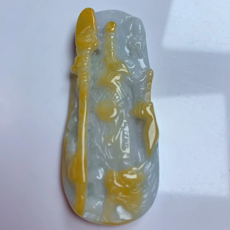 天然翡翠A货双彩关公吊坠一件