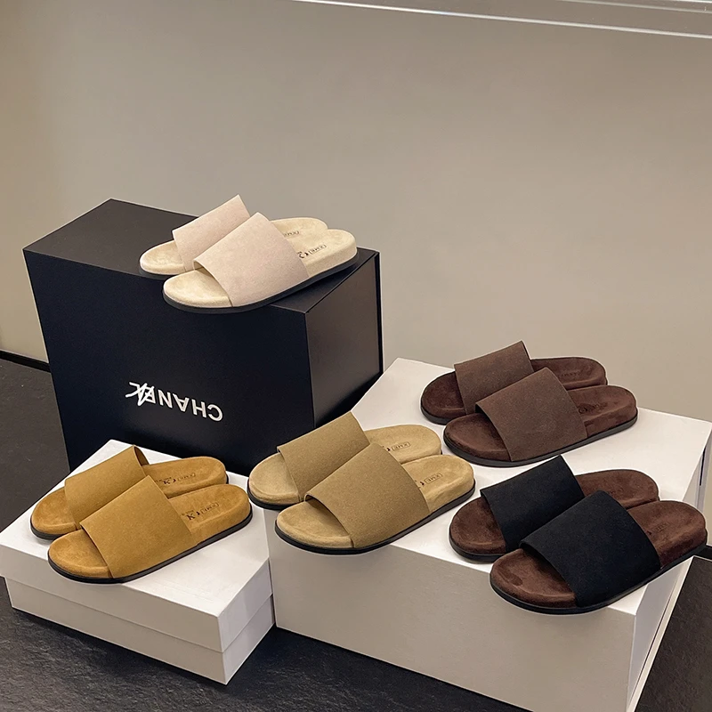 老钱风舒适版~小众极简复古平底一字拖女软底勃肯真皮休闲露趾拖