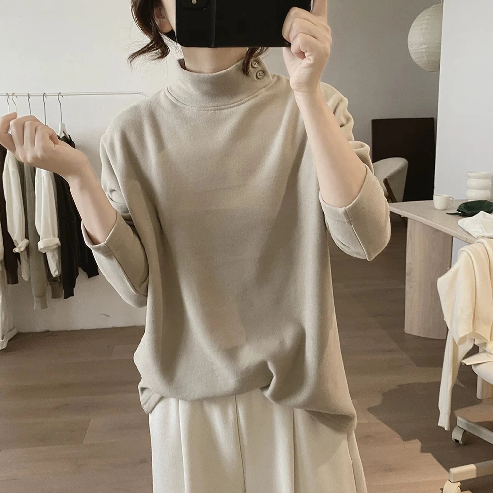 秋冬新款宽松半高领棉质纯色简约长袖打底加厚保暖休闲减龄T恤衫