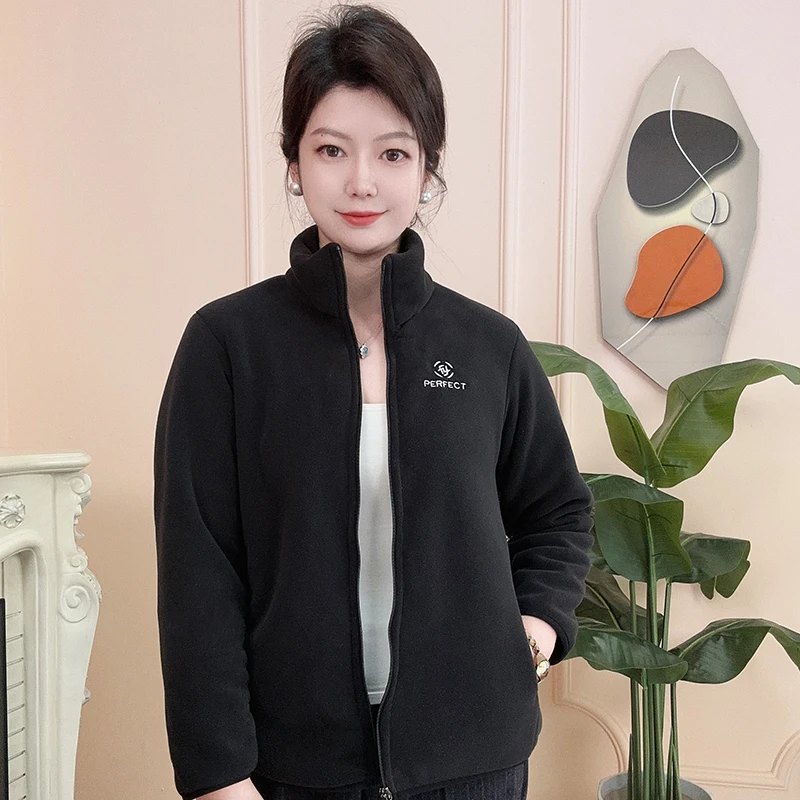 【灰黑】春秋时尚休闲外套运动百搭气质加绒厚立领保暖妈妈装