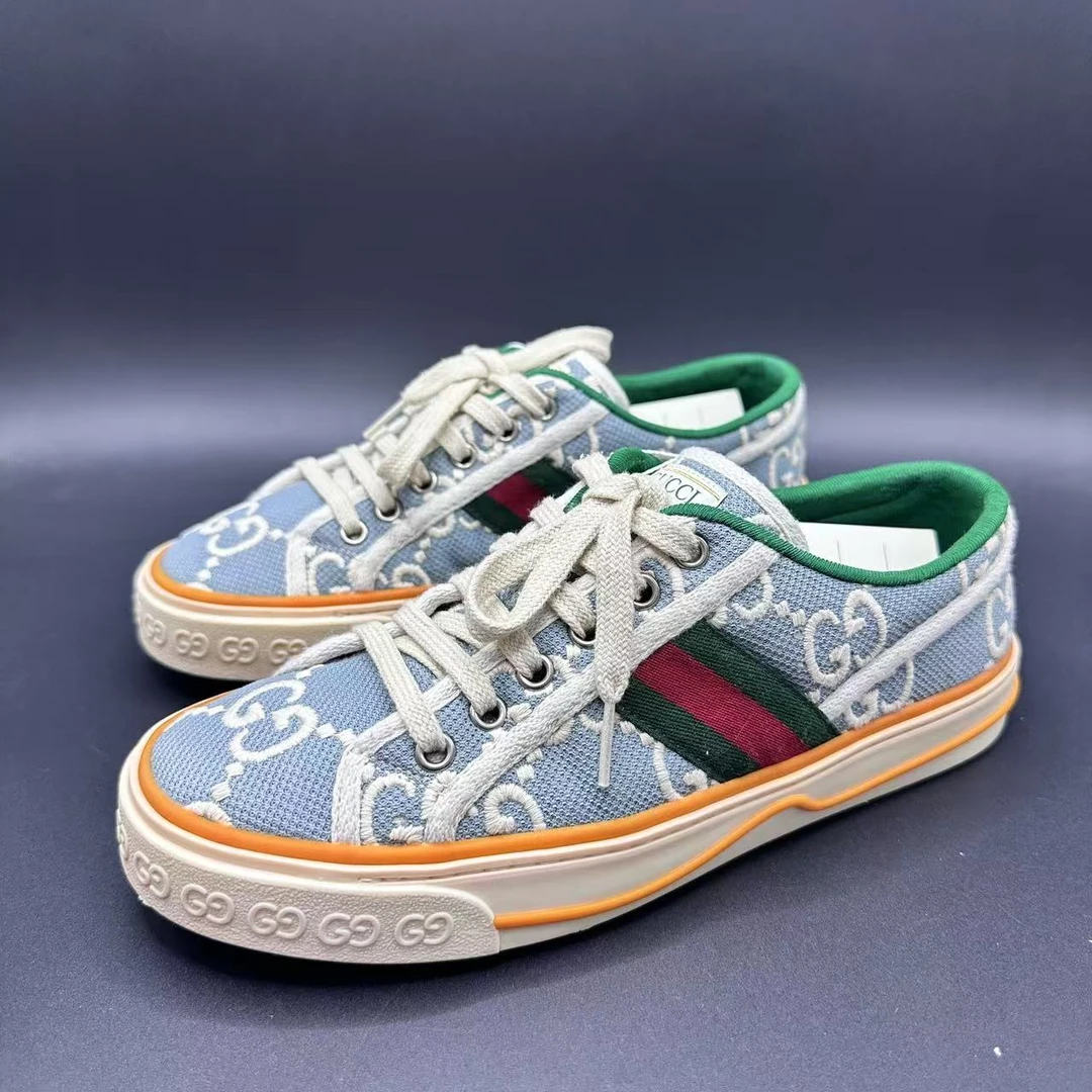 95新 GUCCI/古驰 男士时尚情侣天空蓝印花1977系列板鞋39码wy040
