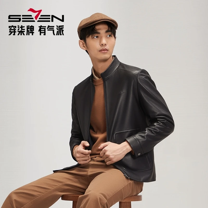 多口袋磨毛立领修身男短款春季修身型皮衣经典标准129J70070