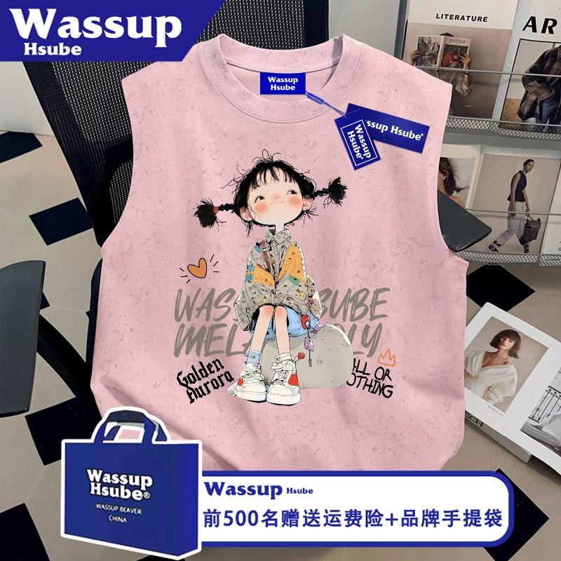 WASSUP HSUBE夏粉色扎染背心男女纯棉T恤小女孩印花凉感无袖上衣